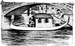 An illustration of a human powered boat with three passengers.