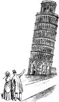An illustration of a man and woman observing the leaning tower of Pisa.