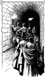 An illustration of a group of people walking together in a tunnel with torches.