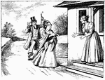 An illustration of a woman greeting two guests at her door.