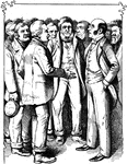 An illustration of a man talking to a group of men.