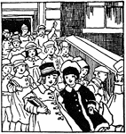 An illustration of a large group of children leaving school.