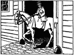 An illustration of a woman riding a horse out of a stable.