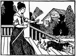 A woman shooing two dogs away with a broom from a porch.