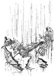 An illustration of two jesters fighting in the rain.