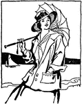 An illustration of a woman wearing a raincoat and holding an umbrella.