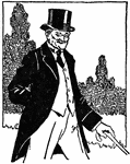 An illustration of a man wearing a black top hat and holding a cane in his left hand.