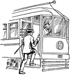 An illustration of a man boarding a tram.