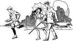 An illustration of a father walking with his daughter and son.