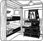 An illustration of a stateroom on a ship with two bunk beds.