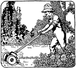 An illustration of a man mowing the lawn.