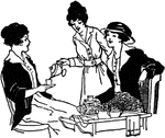 An illustration of a woman serving tea to two other women.
