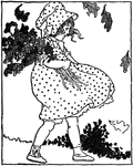 An illustration of a young girl carrying an armful of fall leaves.