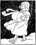 An illustration of a young girl walking through the snow dressed in winter clothing.