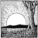 An illustration of the sun rising over the horizon.