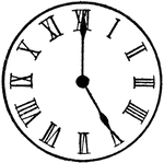 An illustration of a Roman Numeral clock showing five o'clock (5:00).
