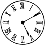 An illustration of a Roman Numeral clock showing 5:10.