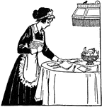An illustration of a maid setting the table for dinner.