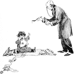 An illustration of a elder man attempting to feed an infant.