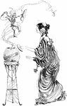 An illustration of a woman taking the lid off an urn with a ghost.