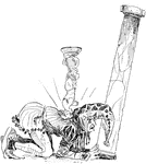 An illustration of a jester being hit by a statue.