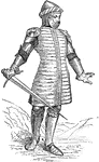 A man wearing a gambeson from about 1375. A gambeson is a quilted padded jacket worn as armor.