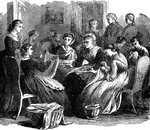 An illustration of a group of women in a sewing circle.