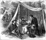 An illustration of three soldiers reading in a tent.