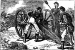 An illustration of soldiers loading a cannon.