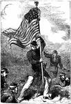 An illustration of a soldier planting a United States flag in the ground.