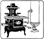 An illustration of a coal fueled water heater and stove.