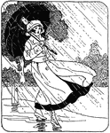 An illustration of a woman caught in a rainstorm wearing a raincoat and carrying an umbrella.