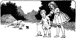 An illustration of a young boy and girl feeding chickens.