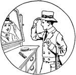 An illustration of a boy trying on a hat and looking at his reflection in the mirror.