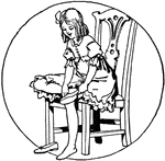 An illustration of a girl sitting in a chair and putting on her shoes.