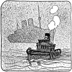 An illustration of a tug boat in fog.