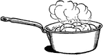 An illustration of food being cooking in a small sauce pan.