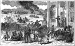 An illustration of a group of soldiers in front of a house with slaves.