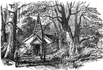 An illustration of a small chapel surrounded by woods.
