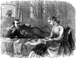 An illustration of a woman writing a letter while a soldier is laying on a bed.