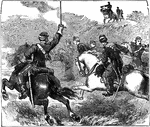 An illustration of General Sheridan with soldiers on horses.