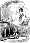 An illustration of a man smoking a pipe and writing a letter while holding an infant.
