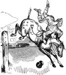 An illustration of a man on a horse jumping over a fence.