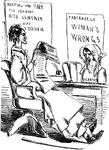 An illustration of a man wearing a bonnet and a woman sitting at a desk reading a paper.