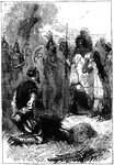 An illustration of Pocahontas saving John Smith's life.
