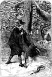 An illustration of a man walking with a large cane.