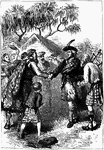 An illustration of men greeting one another wearing kilts.