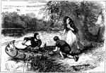 An illustration of a woman and two children canoeing.