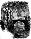 An illustration of a stone bridge over a small river.