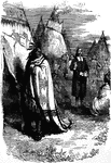 An illustration of a man preaching to a group of Native Americans with teepees.
